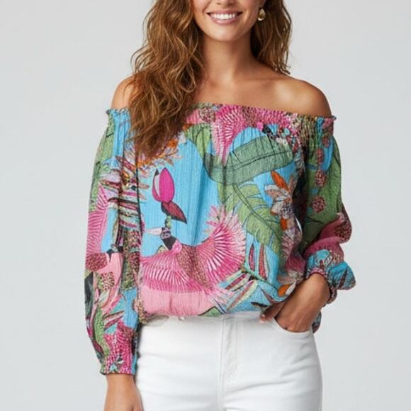 Rachel Roy Off the Shoulder Crop Top XS Tropical Floral Bird Print Pink Blue - Picture 1 of 8